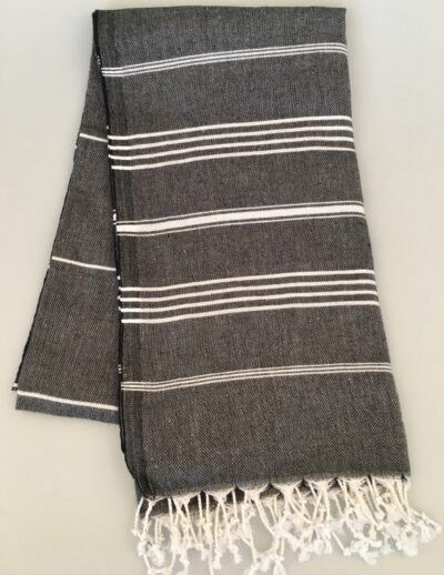 100% Turkish cotton classic striped hamam towel peshtemal with hand-knotted fringe in grey